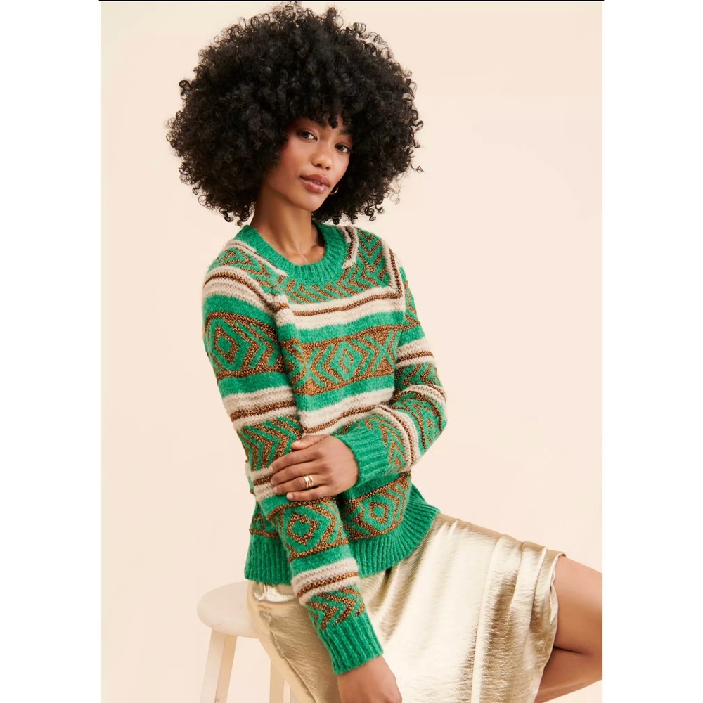 Scotch & Soda Amsterdam Metallic Wool Blend Sweater Medium Green Geometric Knit
